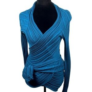 Ioanna Kourbela Blue Wrap Knit Top One Size Textured Cotton Made in Greece